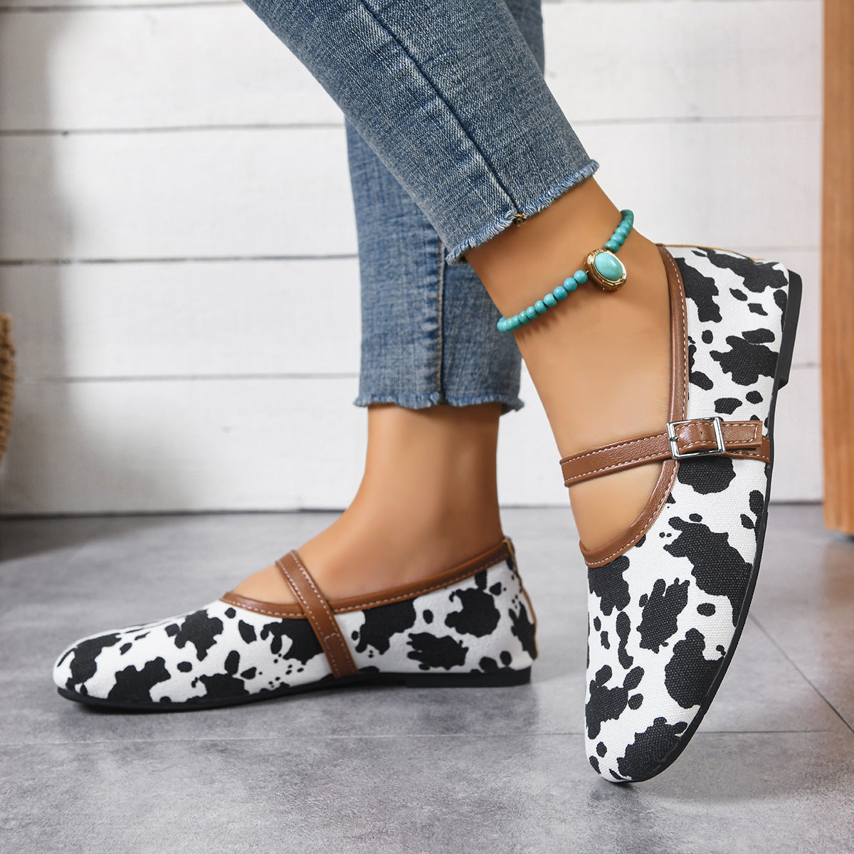 Women's Patterned Ballet Flats with Adjustable Buckle