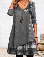 Women's Asymmetrical Casual Dress with Plaid Hem and Button Detail