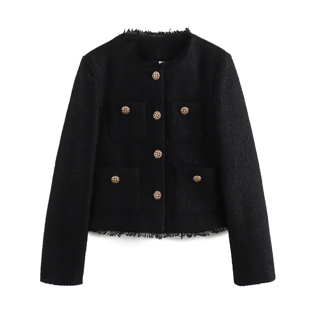 Elegant Tweed Jacket with Fringes and Decorative Buttons