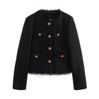 Elegant Tweed Jacket with Fringes and Decorative Buttons