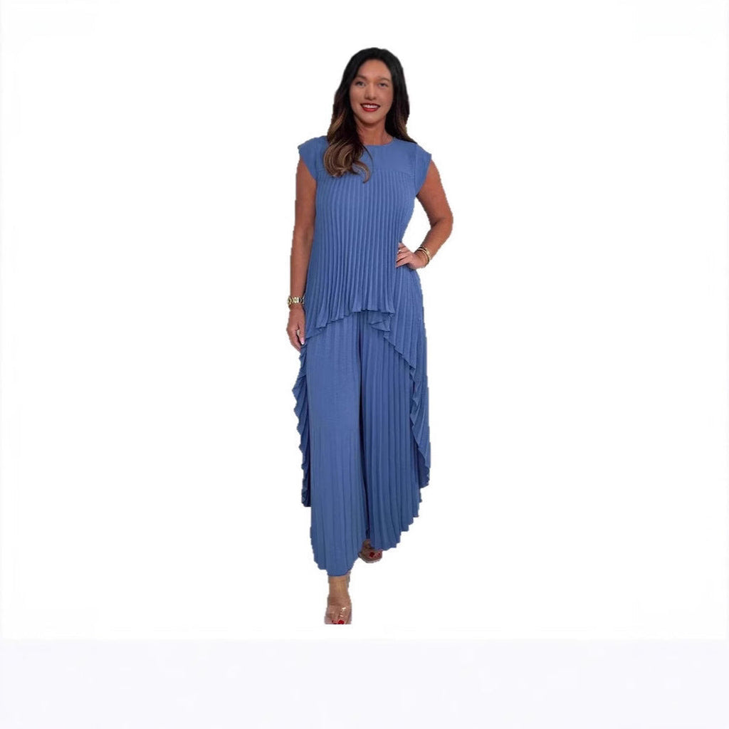 Women's Casual Pleated Pantsuit with Overlapping Top