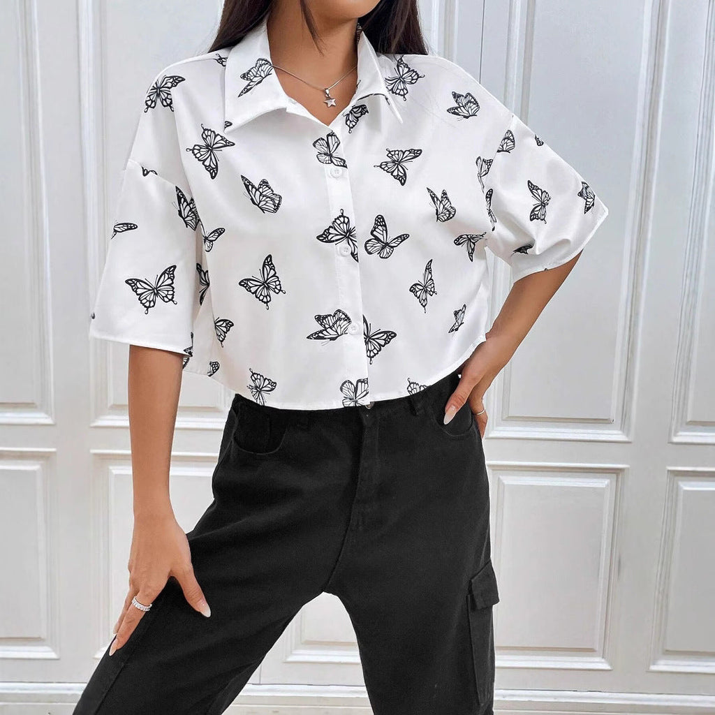 Women's Short Sleeve Shirt with Butterfly Print