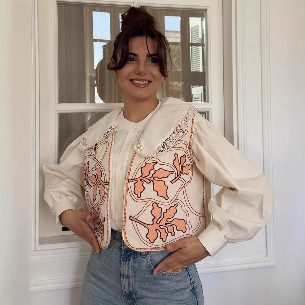 Women's Decorative Vest with Floral Embroidery