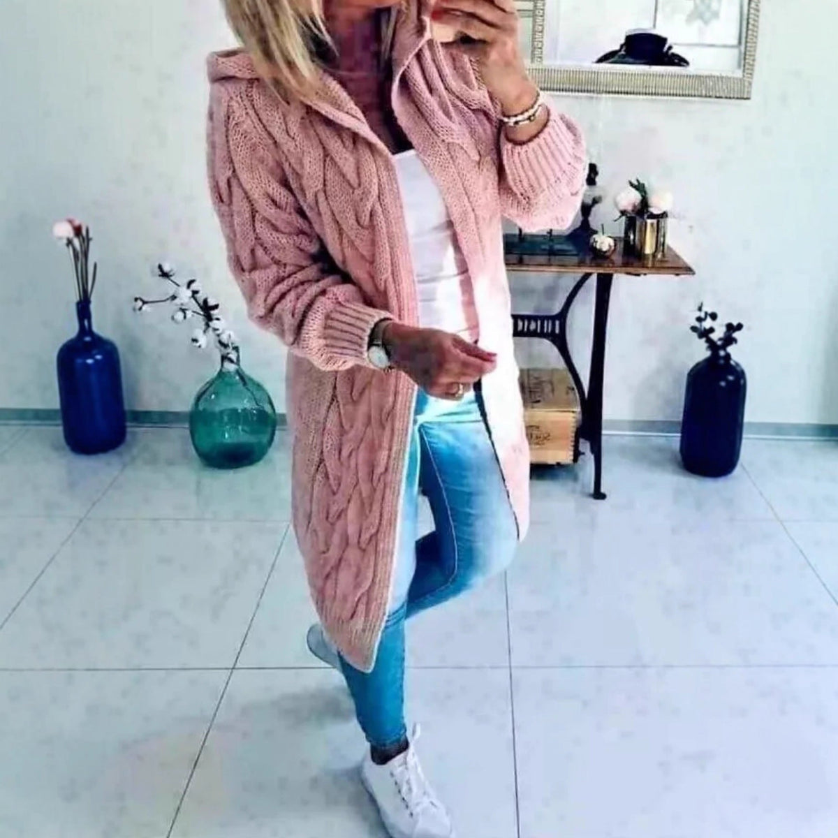 Women's Chunky Knit Cardigan with Hood and Cable Knit Pattern