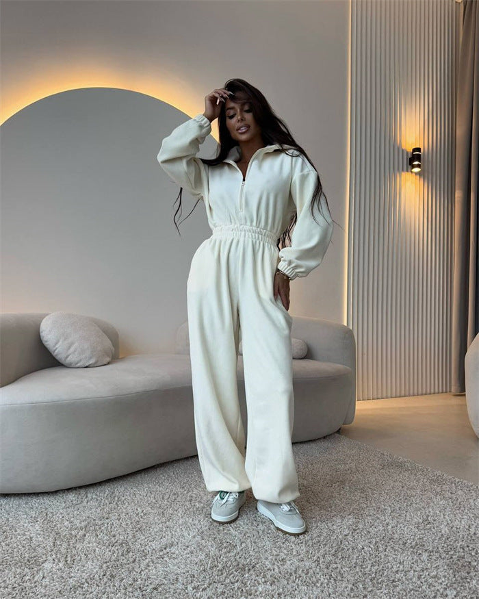Elegant Jumpsuit with Short Zipper and Elastic Waistband