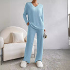 Women's Casual Ribbed Loungewear Set with V-Neck