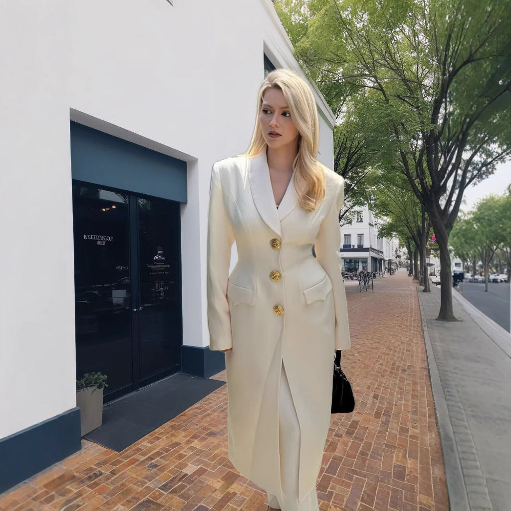Elegant Long Coat with Gold Buttons and Classic Cut