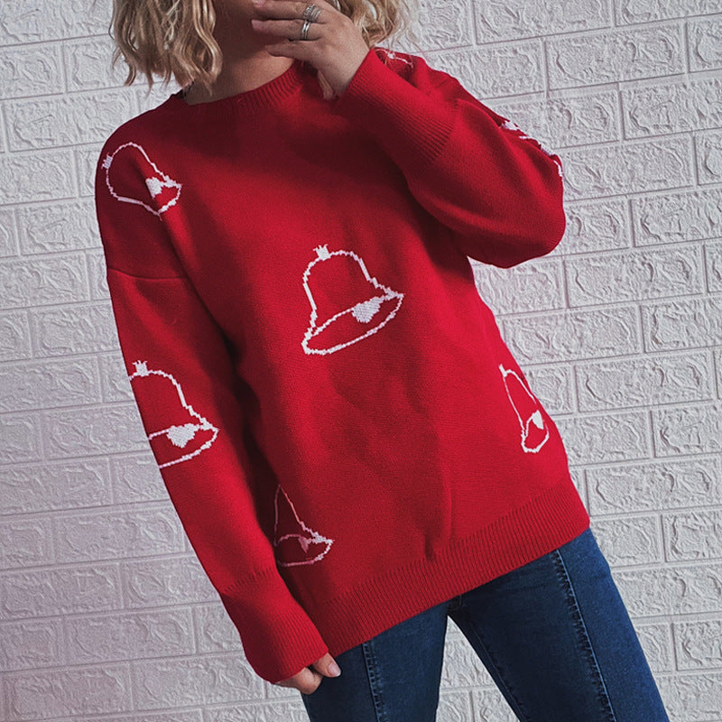 Women's Festive Sweater with Cheerful Bell Motif and Casual Cut