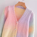 Women's Gradient Knit Cardigan with V-Neck and Button Placket
