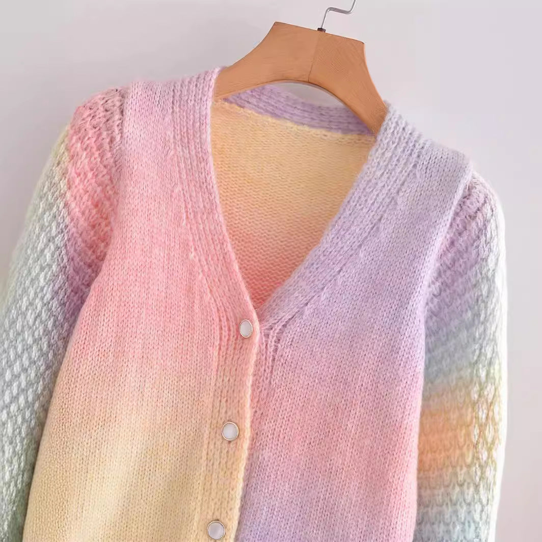 Women's Gradient Knit Cardigan with V-Neck and Button Placket