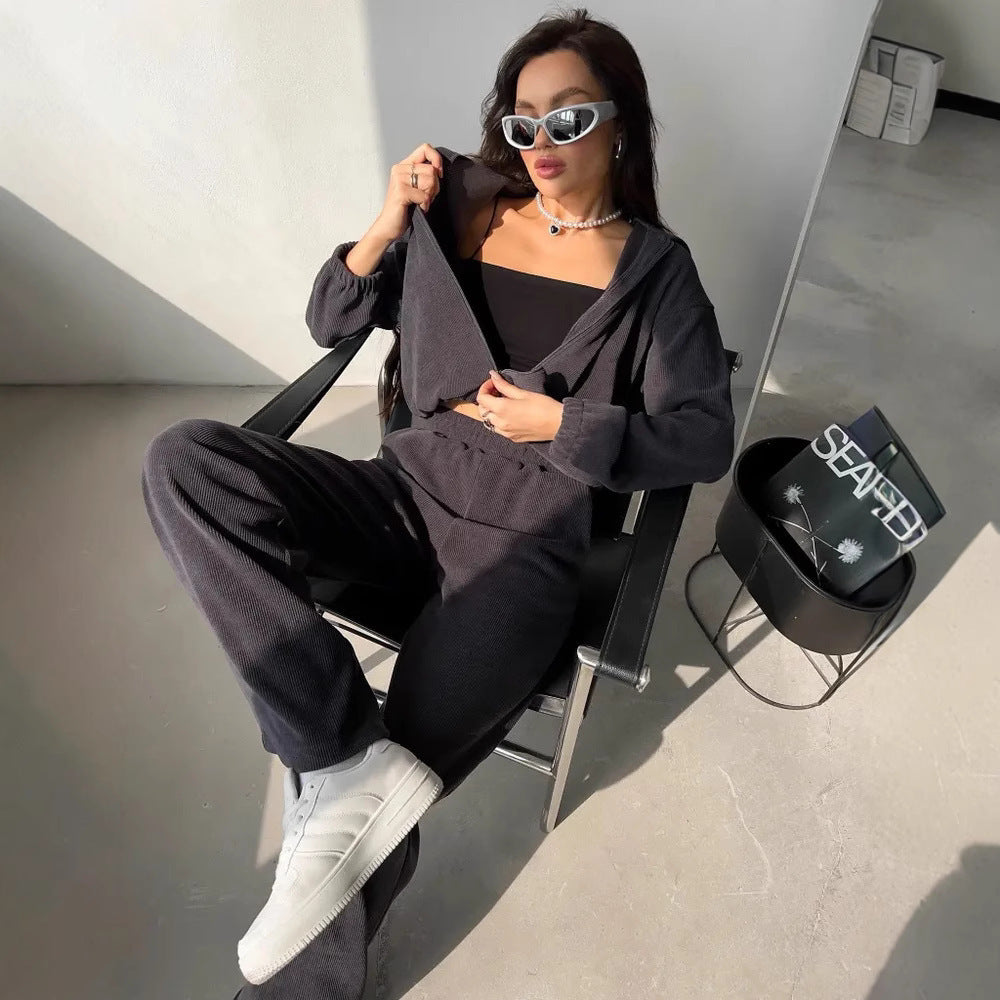 Women's Casual Sweat Set with Elastic Waistband and Modern Zipper