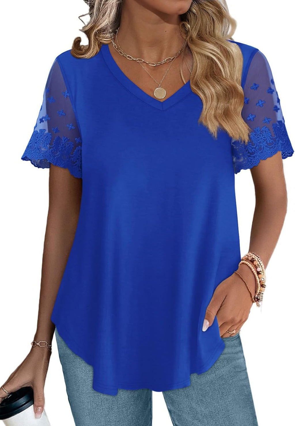 Women's Blouse with Elegant Lace Sleeves and V-Neck