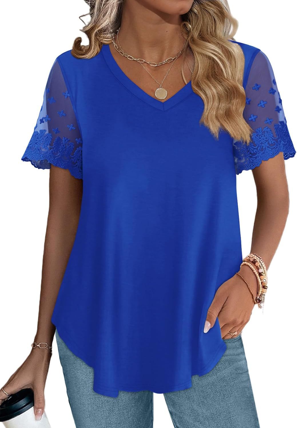 Women's Blouse with Elegant Lace Sleeves and V-Neck