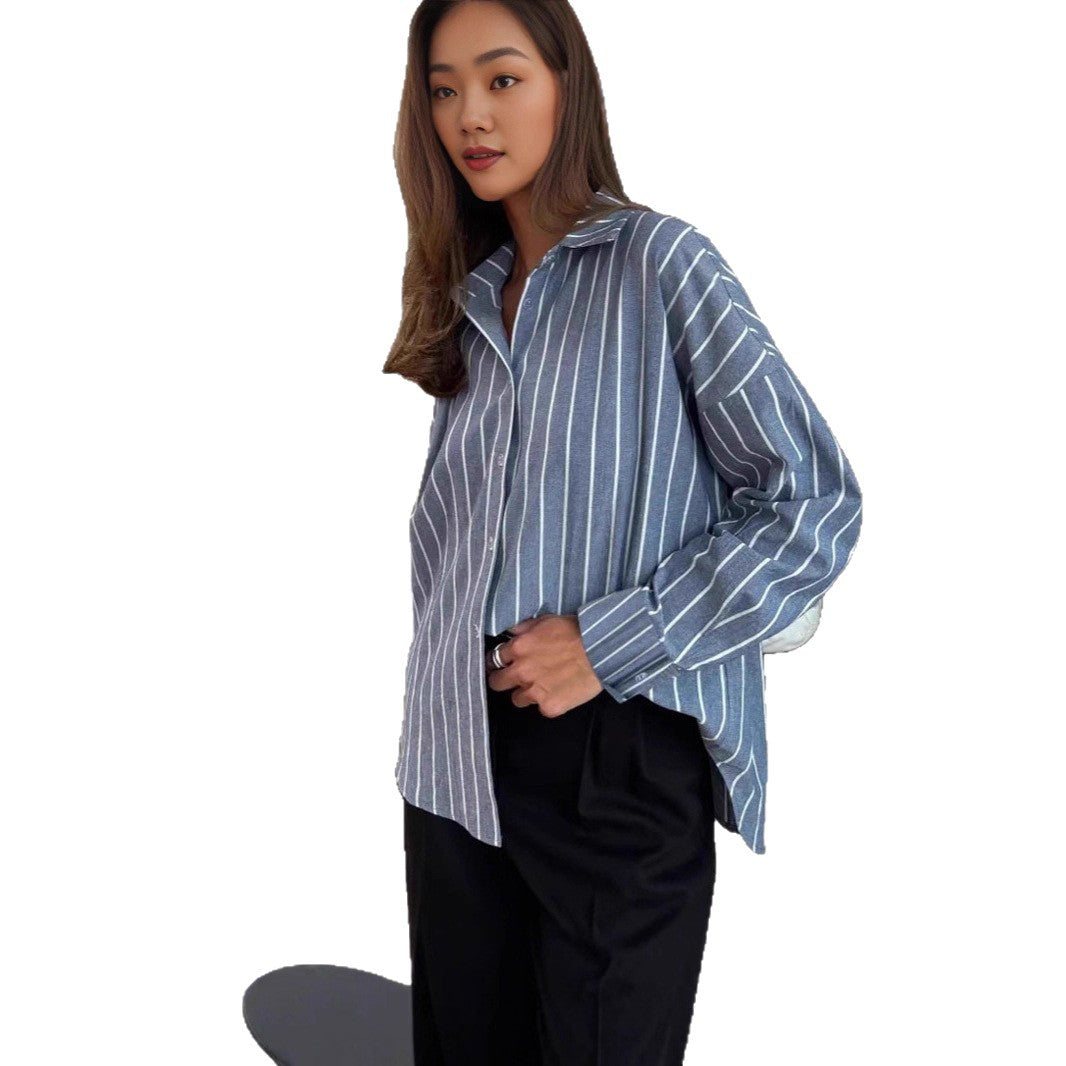 Casual Women's Cotton Blouse with Striped Design and Loose Fit