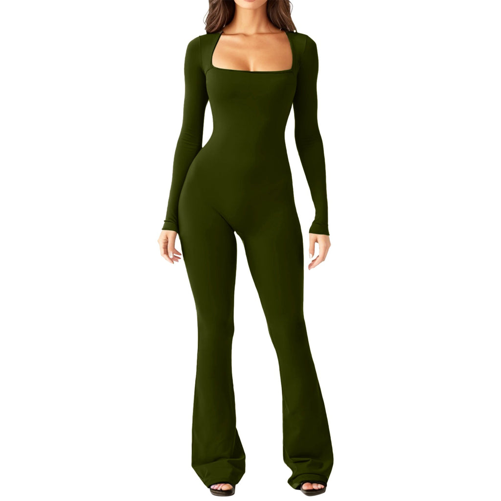 Women's Long Sleeve Romper with Square Neck and Wide Leg