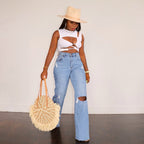 Women's High-Waisted Bootcut Jeans with Distressed Effect