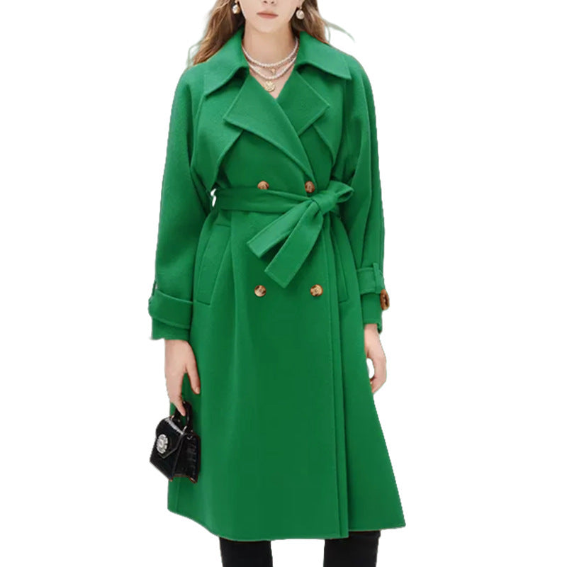 Women's Lined Trench Coat with Large Lapel and Waist Belt