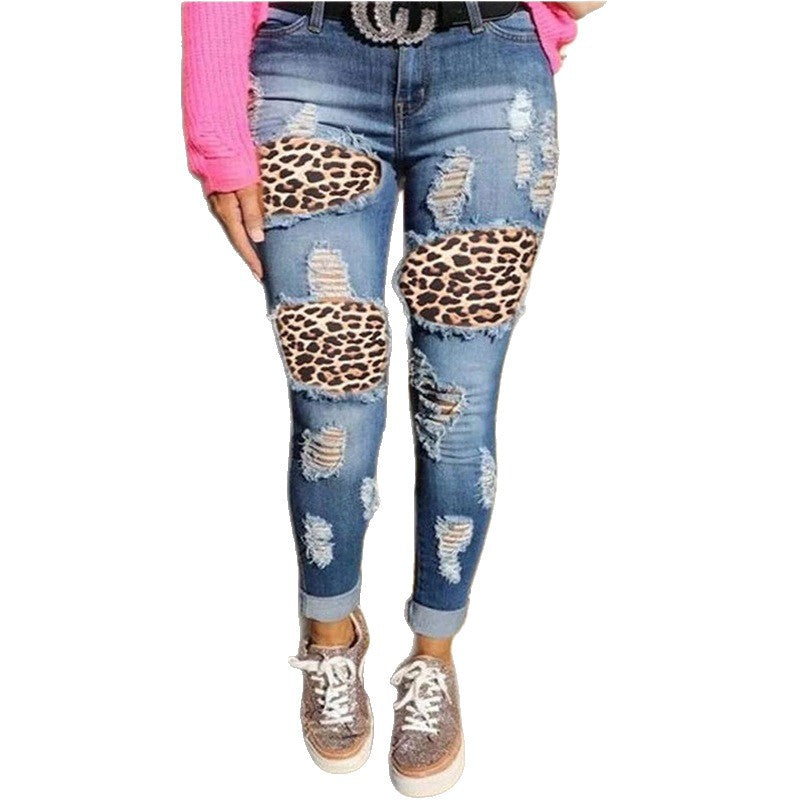 Women's Destroyed Jeans with Animal Print Details