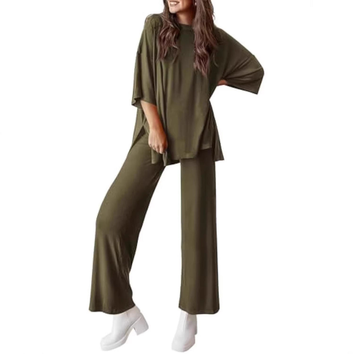 Women's Casual Lounge Set in Soft Jersey with Oversized Tunic and Wide Palazzo Pants