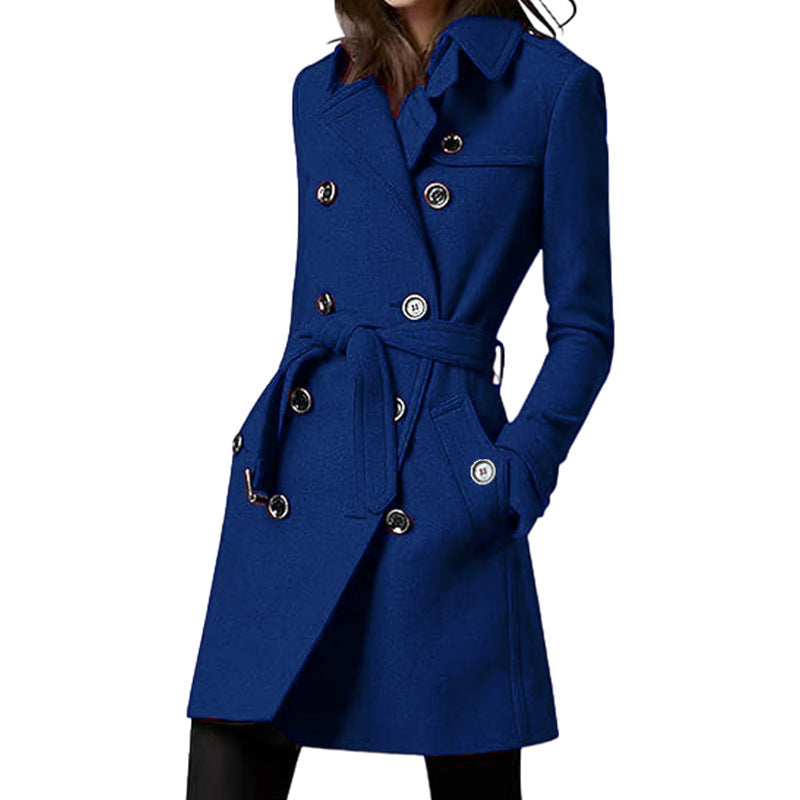Women's Hooded Coat with Belt and Double-Breasted Button Placket