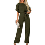 Long Jumpsuit with Tie Belt and Cap Sleeves