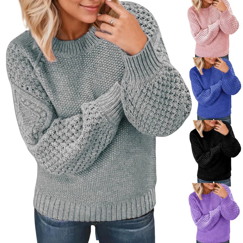 Women's Chunky Knit Sweater with Voluminous Sleeves and Textured Surface