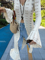 Women's Large Knit Cardigan with Open Mesh Structure and Wide Sleeves