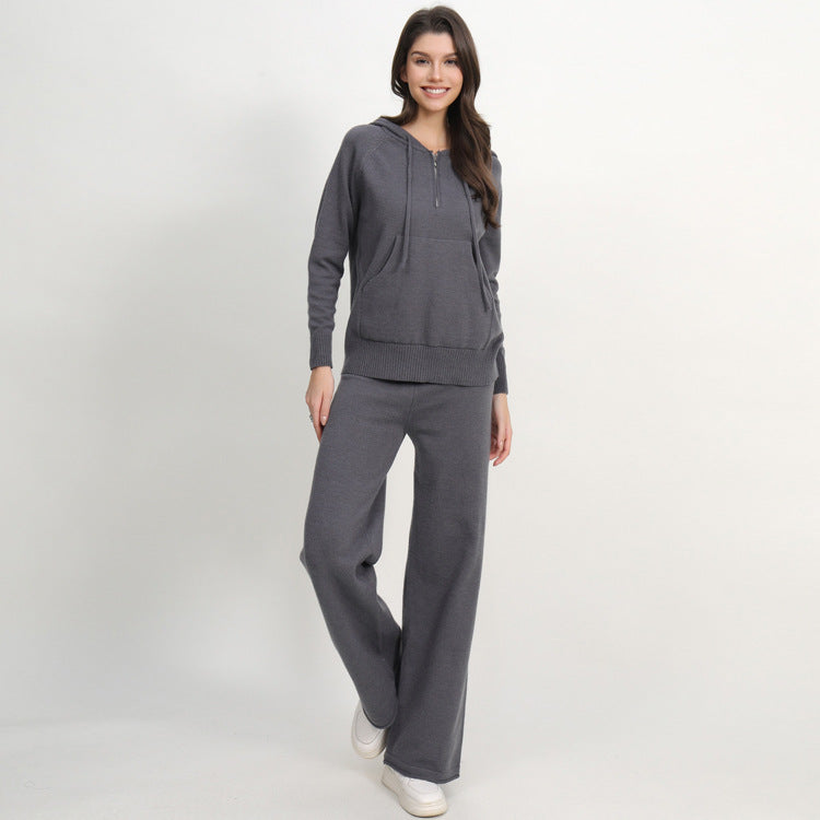 Women's Casual Knit Loungewear Set with Hood and Wide Leg