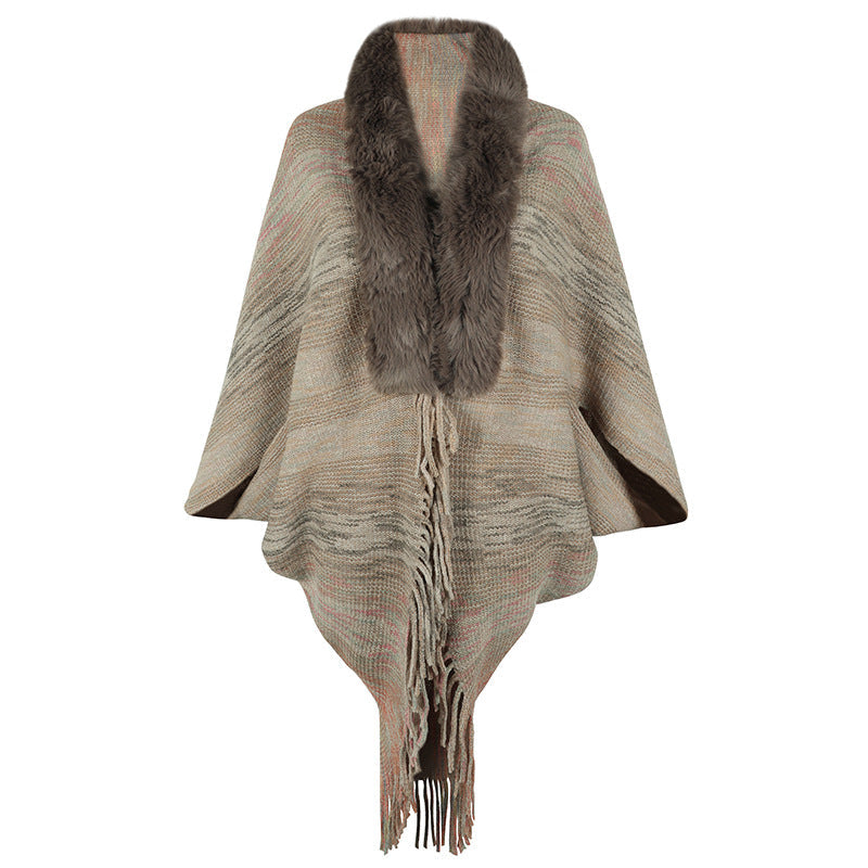 Elegant Women's Poncho with Faux Fur Collar and Fringed Hem