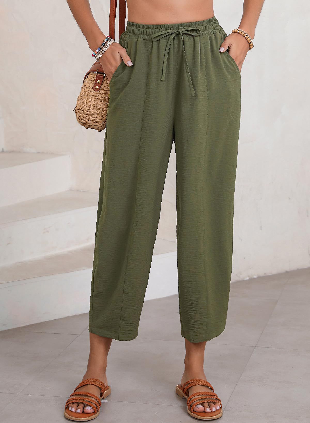 Women's Comfortable Lightweight Casual Pants with Elastic Waist and Side Pockets