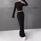 Women's Elegant and Comfortable Long-Sleeve Crop Top and Maxi Skirt Set