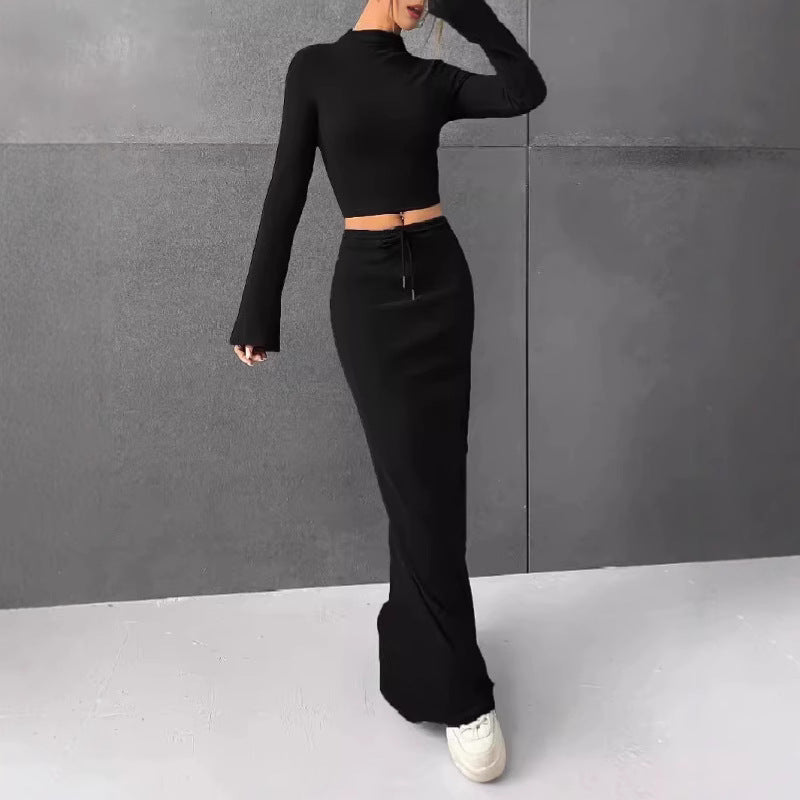Women's Elegant and Comfortable Long-Sleeve Crop Top and Maxi Skirt Set