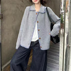 Women's Comfortable Knit Cardigan with Contrast Button Details and Large Collar