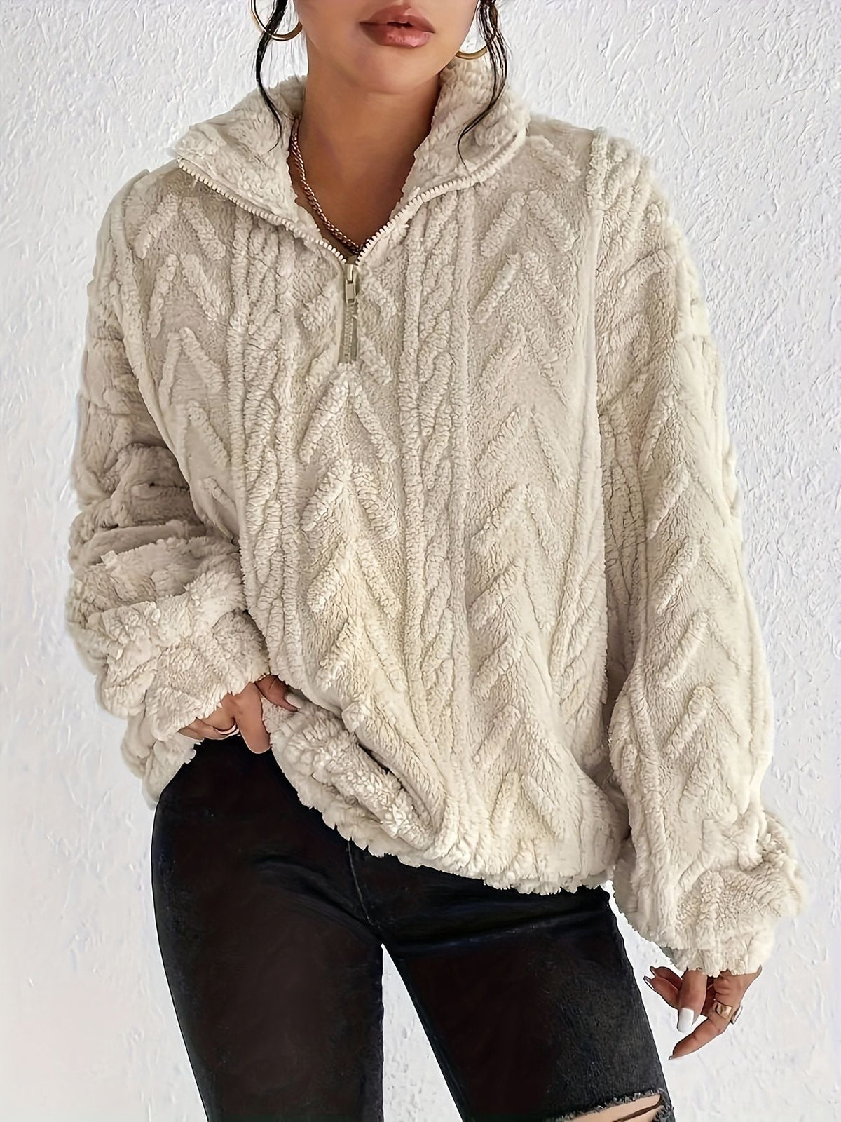 Women's Patterned Oversized Fleece Pullover with High Collar