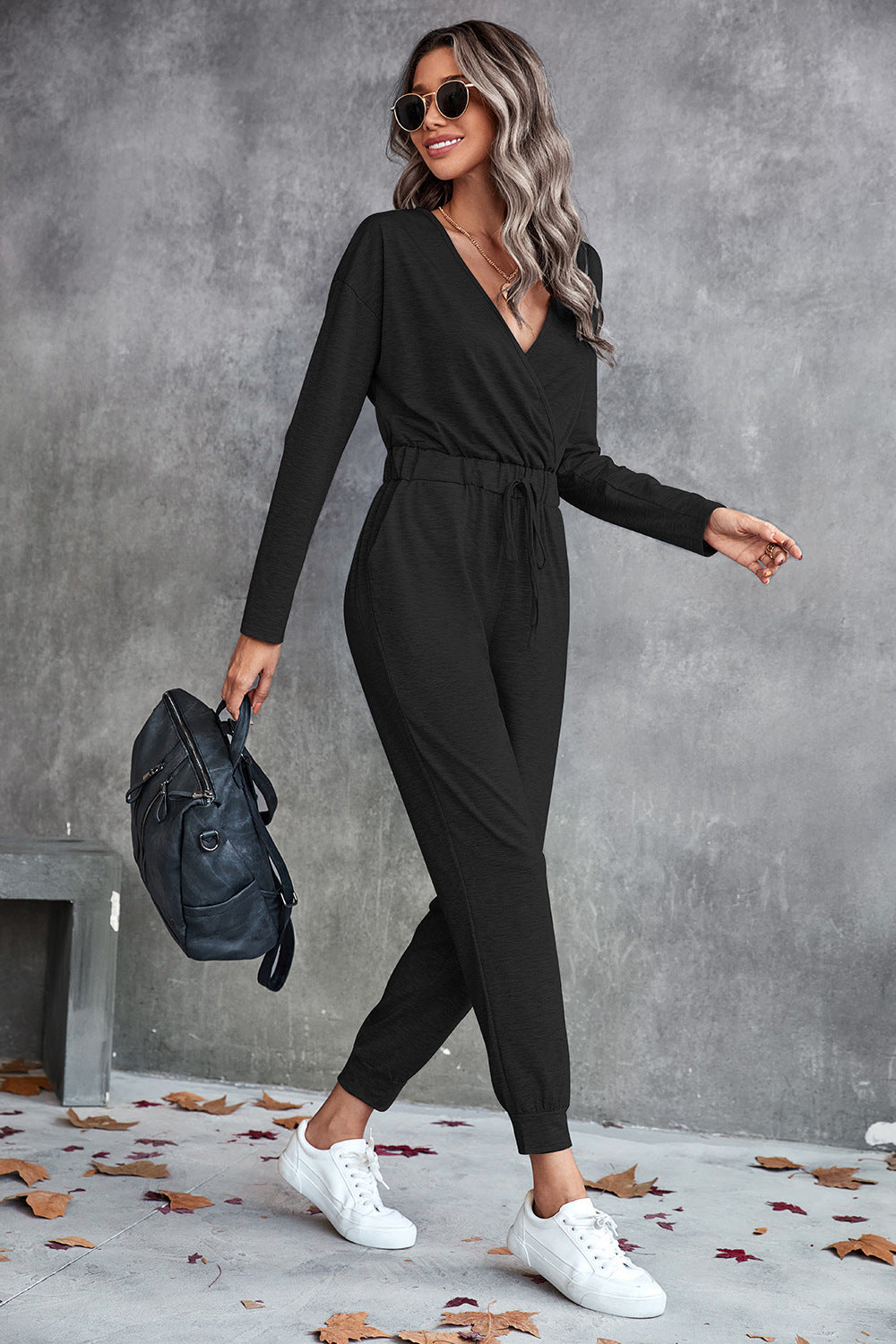Women's Casual Long-Sleeve Wrap Jumpsuit with Elastic Waist