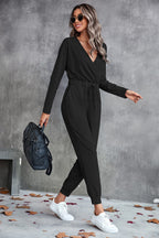 Women's Casual Long-Sleeve Wrap Jumpsuit with Elastic Waist