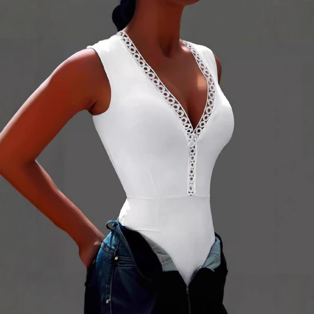 Women's Bodysuit with Decorative V-Neck and Lace Trim