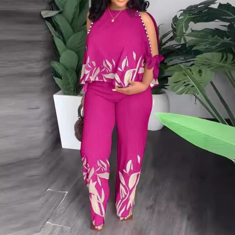 Women's Summer Outfit with Floral Design and Off-Shoulder Top