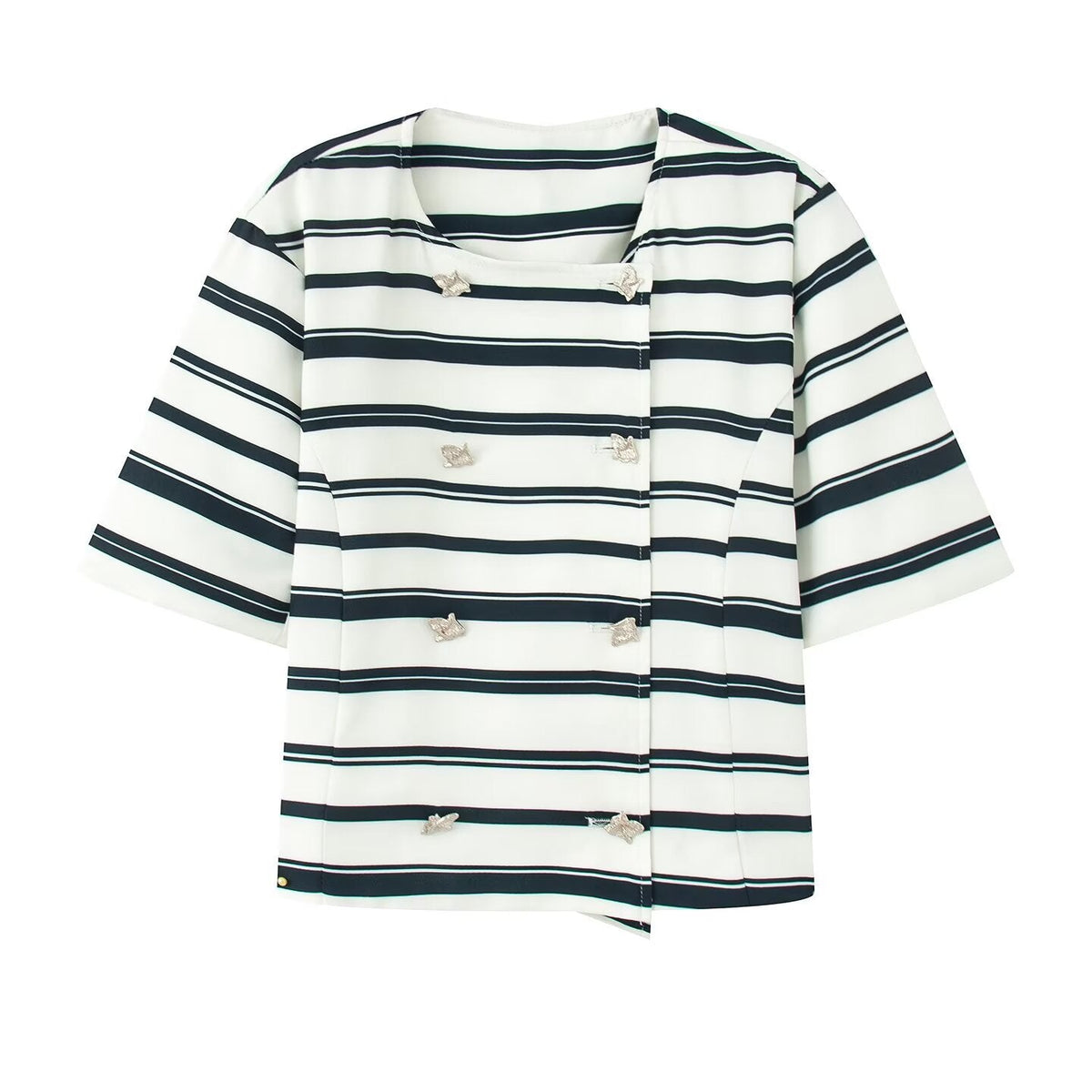 Women's Striped Blazer and Shorts Set with Button Details