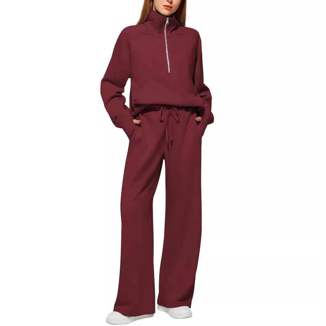 Women's Casual Sweatpants Suit with High Collar and Kangaroo Pocket