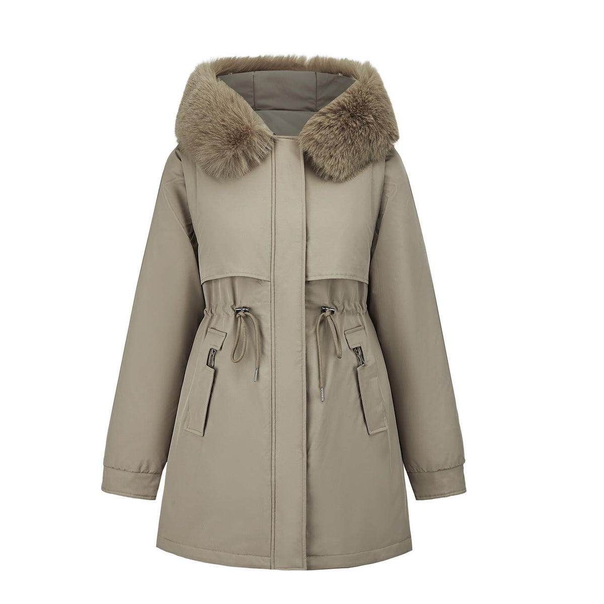 Women's Functional Parka with Detachable Faux Fur Collar and Waist Drawstring