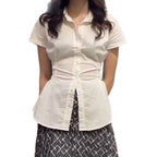 Women's Form-Fitting Short Sleeve Blouse with Ruching and Button Details