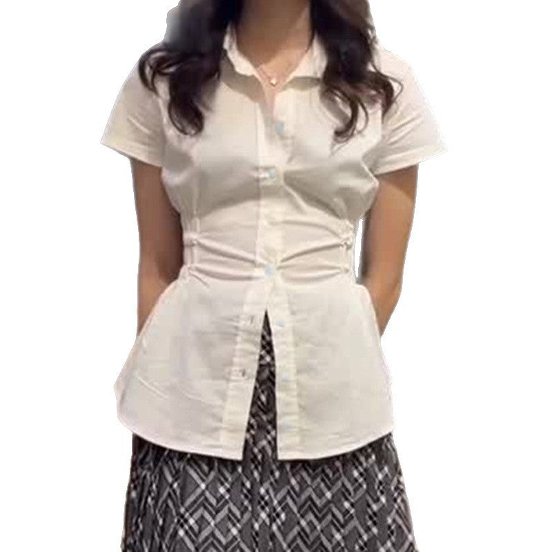 Women's Form-Fitting Short Sleeve Blouse with Ruching and Button Details