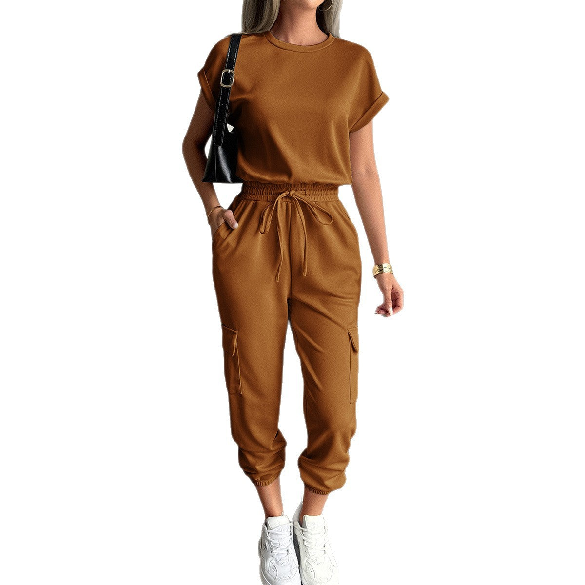Women's Casual Two-Piece Set with Elastic Waist and Side Pockets