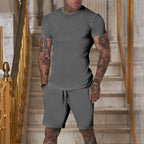 Men's slim Jersey set with round neck shirt and elastic drawstring shorts