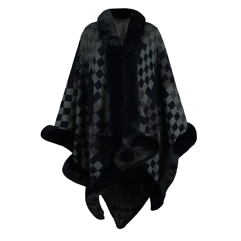 Women's Knit Poncho with Faux Fur Trim