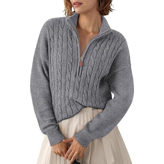 Women's Chunky Knit Sweater with Mock Neck and Half-Zip