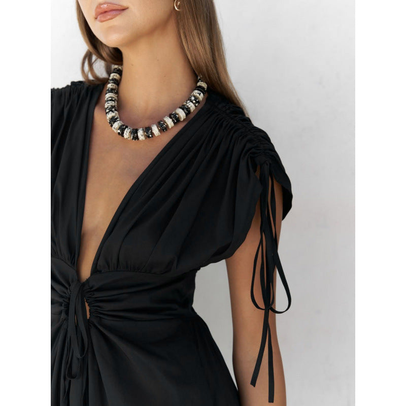 Women's Elegant Maxi Dress with Refined Wrap Design and Deep V-Neck