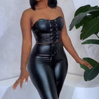 Women's Form-Fitting Faux Leather Hot Pant Suit with Lace-Up Details