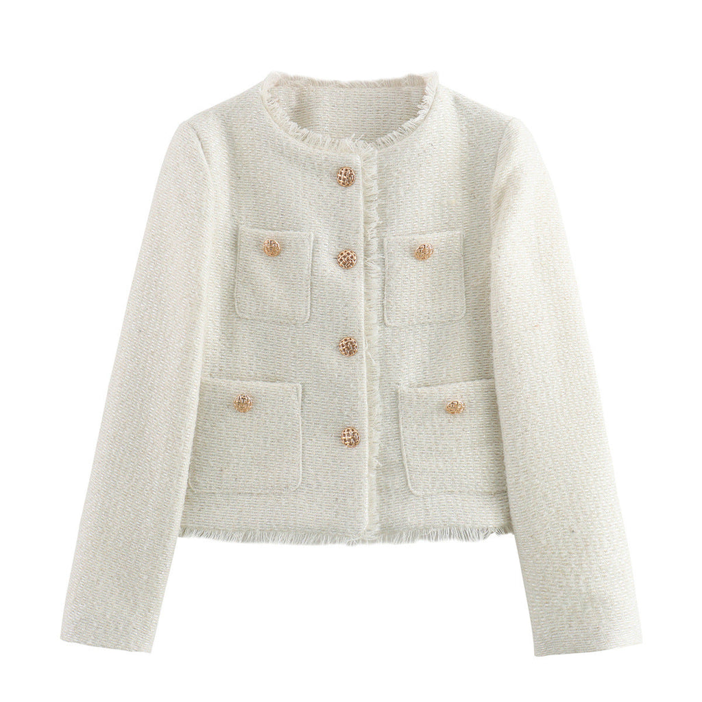 Women's Elegant Cropped Blazer Jacket with Textured Fabric and Gold Buttons